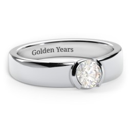 Half Bezel Set Round Stone Ring with Wide Band in 925 Sterling Silver with Cubic Zirconia