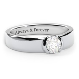 Half Bezel Set Round Stone Ring with Wide Band in 925 Sterling Silver with Lab Diamond