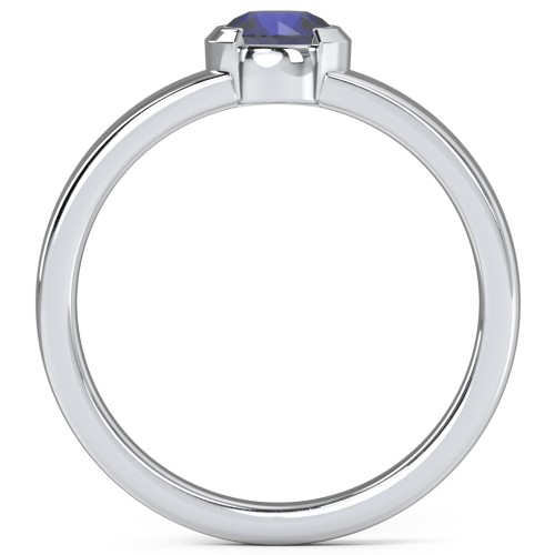 Half Bezel Set Round Stone Ring with Wide Band – Sterling Silver with Blue Sapphire