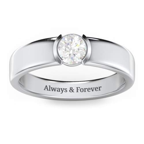 Half Bezel Set Round Stone Ring with Wide Band – Sterling Silver with Lab Diamond