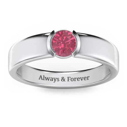 Half Bezel Set Round Stone Ring with Wide Band – Sterling Silver with Pink Tourmaline