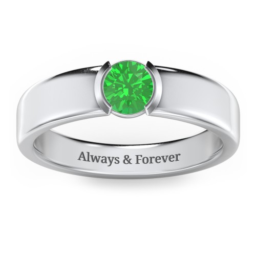 Half Bezel Set Round Stone Ring with Wide Band – Sterling Silver with Emerald