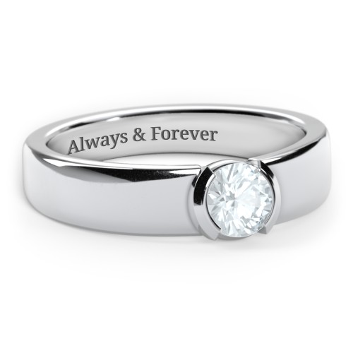 Half Bezel Set Round Stone Ring with Wide Band – Sterling Silver with Aquamarine