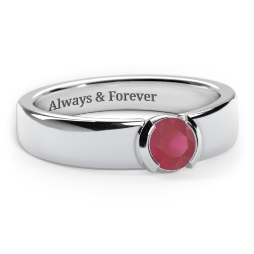 Half Bezel Set Round Stone Ring with Wide Band – Sterling Silver with Ruby