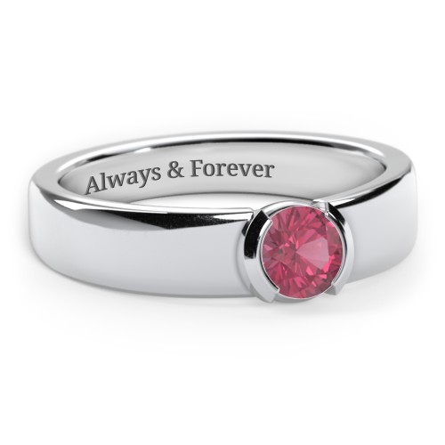 Half Bezel Set Round Stone Ring with Wide Band – Sterling Silver with Pink Tourmaline