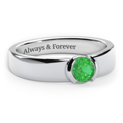 Half Bezel Set Round Stone Ring with Wide Band – Sterling Silver with Emerald