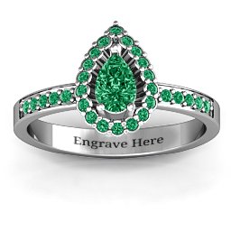 Pear Shaped Halo Ring in 925 Sterling Silver with Emerald and Green Premium Zirconia