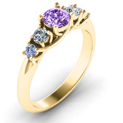 5-Stone Graduated Ring – 10K Yellow Gold with Amethyst, Cubic Zirconia, and Lavender Premium Zirconia