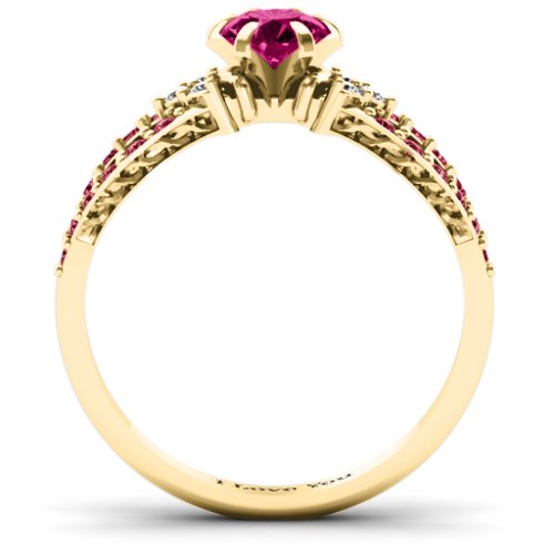 Fancy Split Shank Solitaire Accent Ring – 10K Yellow Gold with Ruby, White Premium Zirconia, and Red Premium Zirconia