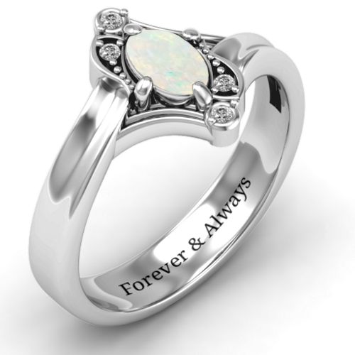 Fancy Oval Asymmetrical Ring – Sterling Silver with Opal and White Premium Zirconia