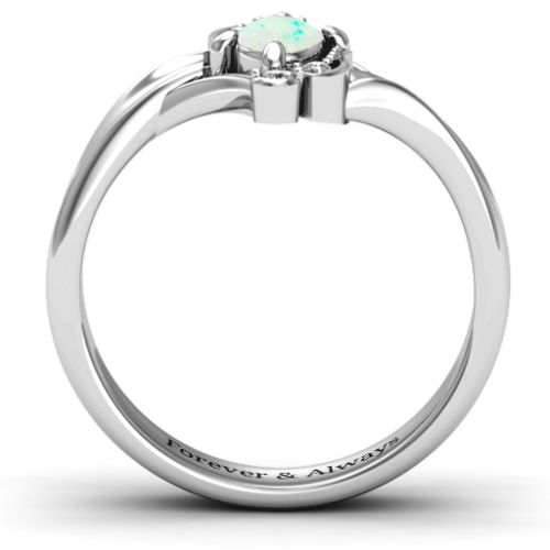 Fancy Oval Asymmetrical Ring – Sterling Silver with Opal and White Premium Zirconia