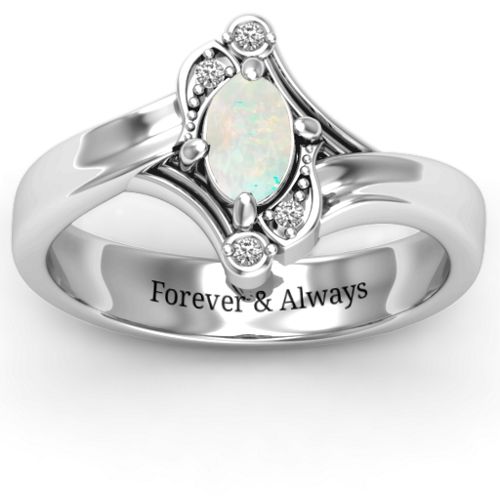 Fancy Oval Asymmetrical Ring – Sterling Silver with Opal and White Premium Zirconia
