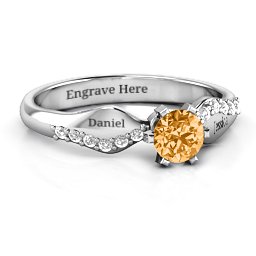 Dimpled Solitaire with Accents Ring in 925 Sterling Silver with Citrine and White Premium Zirconia