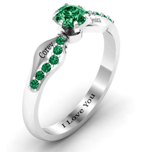 Dimpled Solitaire with Accents Ring – Sterling Silver with Emerald and Green Premium Zirconia