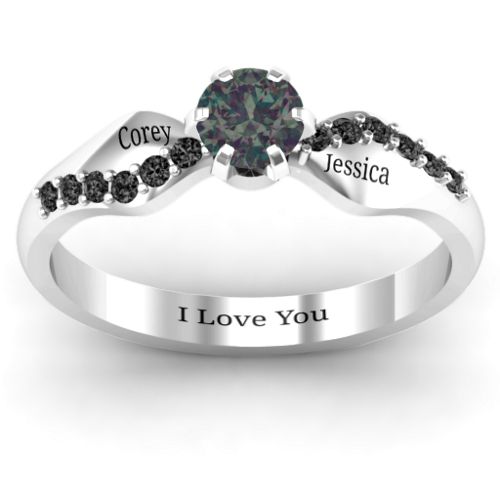 Dimpled Solitaire with Accents Ring – Sterling Silver with Alexandrite and Black Premium Zirconia