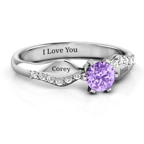 Dimpled Solitaire with Accents Ring – Sterling Silver with Amethyst and White Premium Zirconia