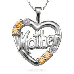 "Mother" Cut-Out with 2-6 Stones Heart Pendant