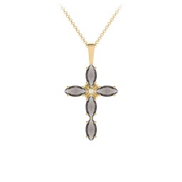 Marquise Cross Pendant in 18K Gold Plated Silver with Smokey Quartz and Cubic Zirconia