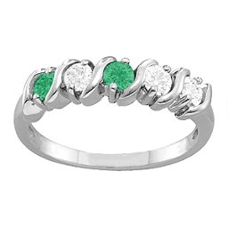 2-6 Gemstones S-Curve Ring in 925 Sterling Silver with Emerald and Cubic Zirconia