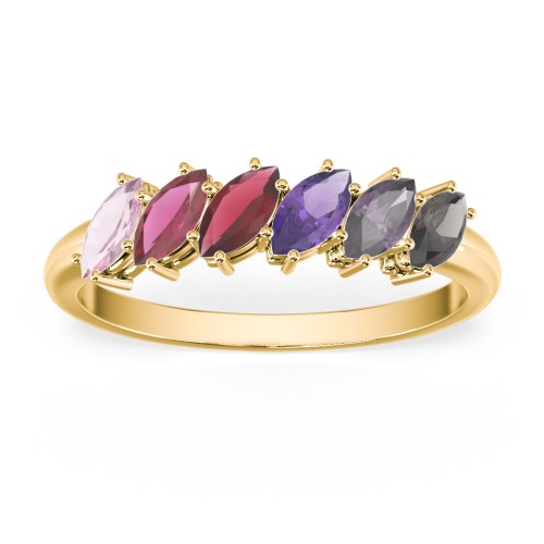 6 Stone Marquise Ring – 9kt Yellow Gold with Pink Tourmaline, Ruby, Garnet, Amethyst, Alexandrite, and Smokey Quartz