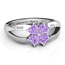 Engravable Clover Heart Cut Gemstone Ring with Split Shank