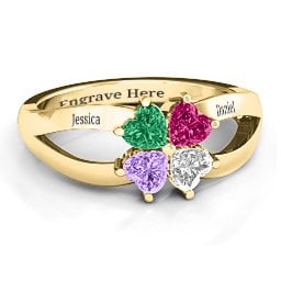 Engravable Clover Heart Cut Gemstone Ring with Split Shank in 9K Solid Yellow Gold with Emerald, Ruby, Cubic Zirconia, and Amethyst