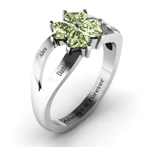 Engravable Clover Heart Cut Gemstone Ring with Split Shank