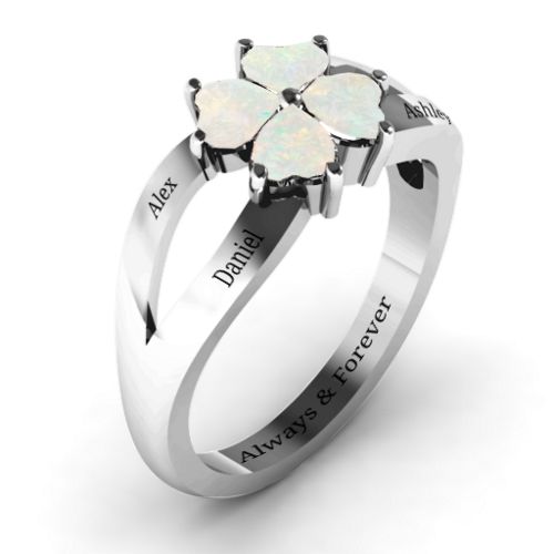 Engravable Clover Heart Cut Gemstone Ring with Split Shank