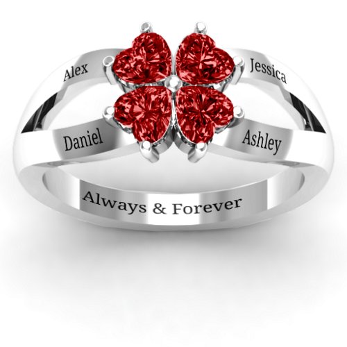 Engravable Clover Heart Cut Gemstone Ring with Split Shank