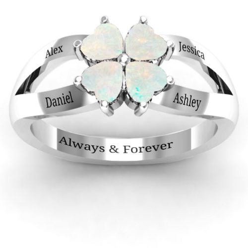 Engravable Clover Heart Cut Gemstone Ring with Split Shank