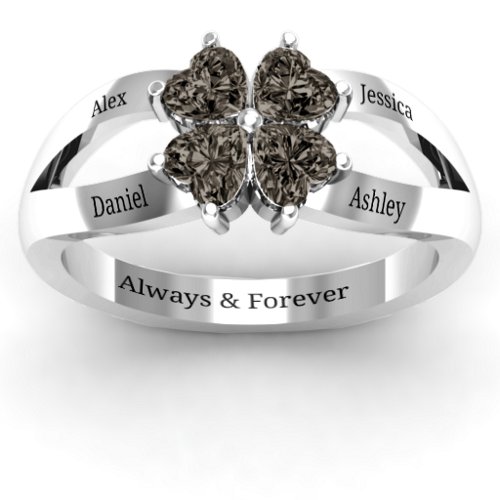 Engravable Clover Heart Cut Gemstone Ring with Split Shank