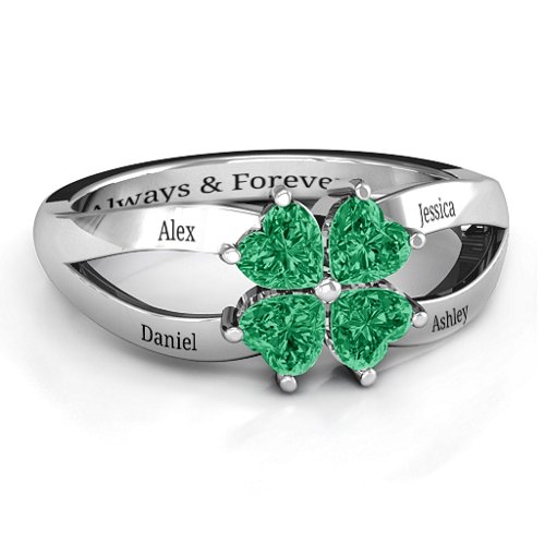 Engravable Clover Heart Cut Gemstone Ring with Split Shank