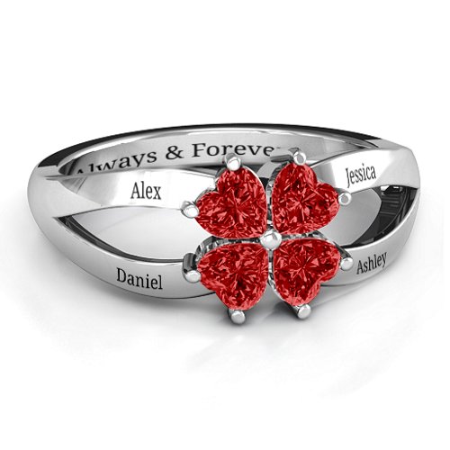 Engravable Clover Heart Cut Gemstone Ring with Split Shank