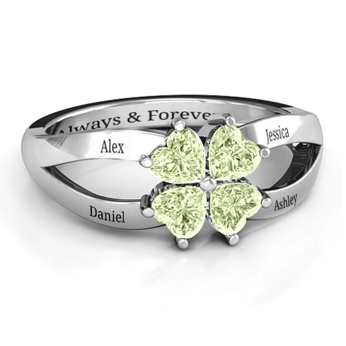 Engravable Clover Heart Cut Gemstone Ring with Split Shank