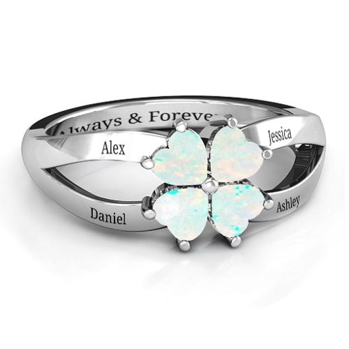 Engravable Clover Heart Cut Gemstone Ring with Split Shank