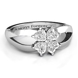 Engravable Clover Heart Cut Gemstone Ring with Split Shank in 925 Sterling Silver with Diamond