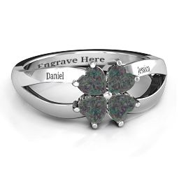 Engravable Clover Heart Cut Gemstone Ring with Split Shank in 925 Sterling Silver with Alexandrite