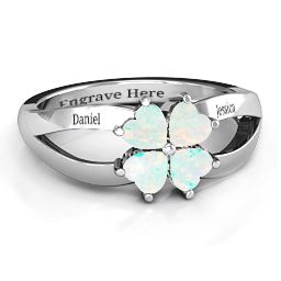 Engravable Clover Heart Cut Gemstone Ring with Split Shank in 925 Sterling Silver with Opal