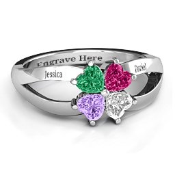Engravable Clover Heart Cut Gemstone Ring with Split Shank in 925 Sterling Silver with Emerald, Ruby, Cubic Zirconia, and Amethyst