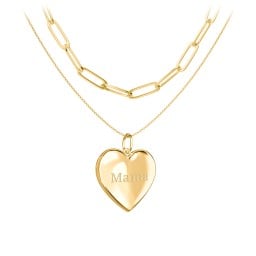 Engravable Heart Locket Necklace Layering Set with Paper Clip Chain