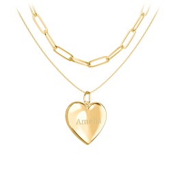Engravable Heart Locket Necklace Layering Set with Paper Clip Chain in 18K Gold Plated Silver