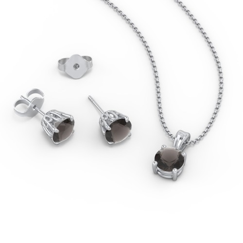 Solitaire Birthstone Necklace and Earrings Set – Sterling Silver with Smokey Quartz