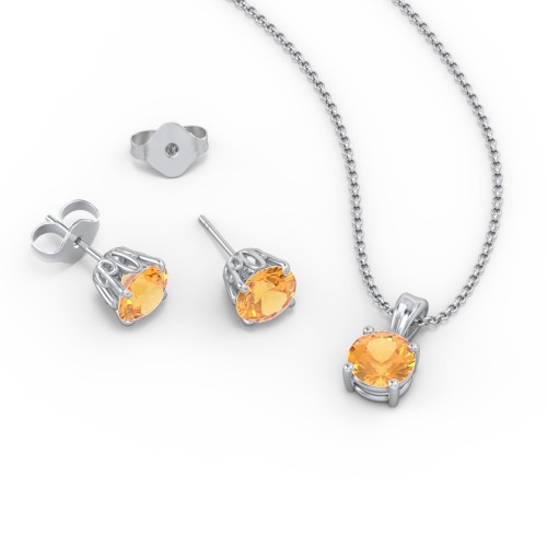 Solitaire Birthstone Necklace and Earrings Set – Sterling Silver with Citrine