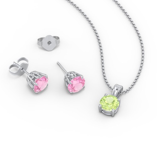 Solitaire Birthstone Necklace and Earrings Set – Sterling Silver with Peridot and Pink Tourmaline