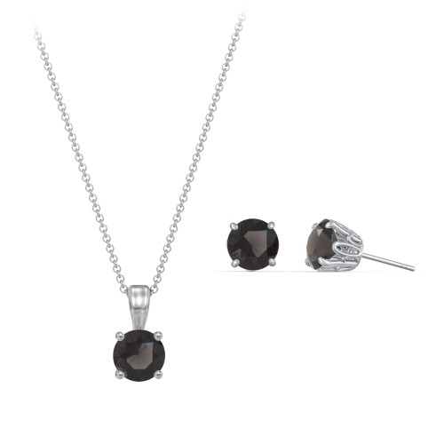 Solitaire Birthstone Necklace and Earrings Set – Sterling Silver with Smokey Quartz