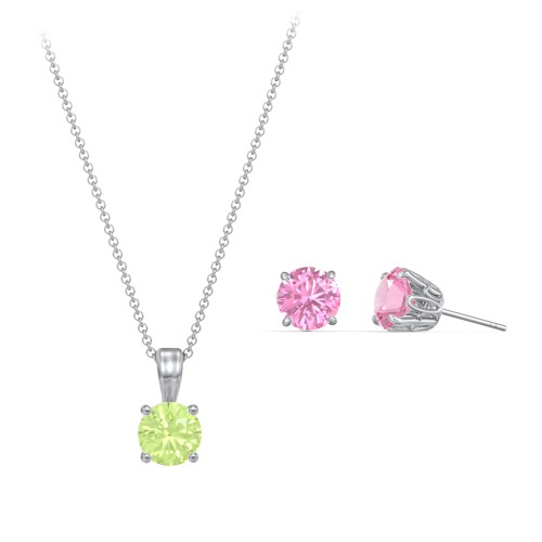 Solitaire Birthstone Necklace and Earrings Set – Sterling Silver with Peridot and Pink Tourmaline