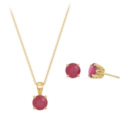 Solitaire Birthstone Necklace and Earrings Set in 9K Solid Yellow Gold with Ruby