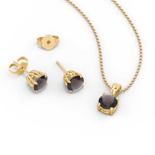 Solitaire Birthstone Necklace and Earrings Set – 9kt Yellow Gold with Smokey Quartz