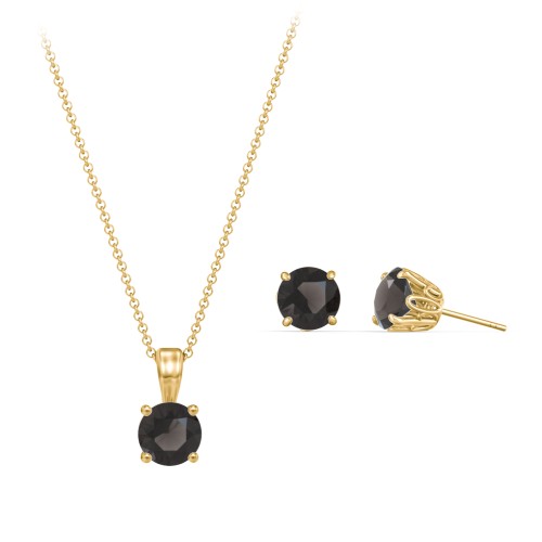 Solitaire Birthstone Necklace and Earrings Set – 9kt Yellow Gold with Smokey Quartz
