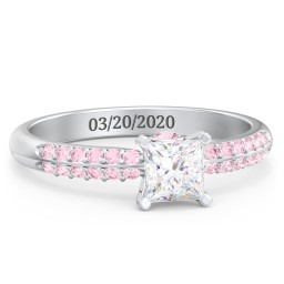 1/2 ct. Princess Gemstone Peek-A-Boo Engagement Ring with Double Row Accents in 925 Sterling Silver with White Premium Zirconia, Fancy Pink Premium Zirconia, and Pink Tourmaline